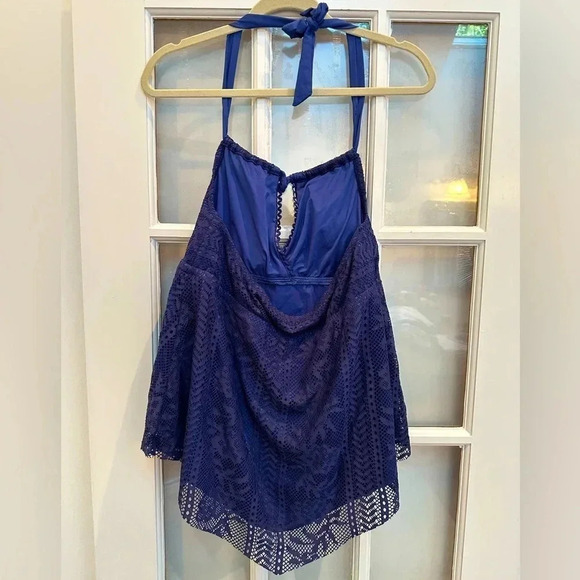 Becca Rebecca Virtue Navy Crochet Halter Top Swimsuit Tankini Size 0X 14/16 - Picture 2 of 10